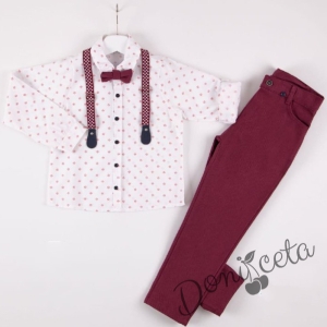 Long sleeve shirt set in white, suspenders, pants and bow tie in red