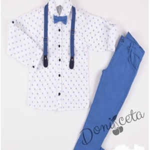 Комплект от риза с дълъг ръкав в бяло с фигури, тиранти, панталони и папийонка в синьо