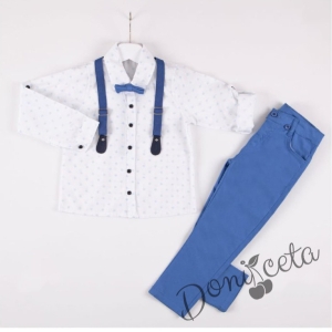 Комплект от риза с дълъг ръкав в бяло, тиранти, панталони и папийонка в синьо