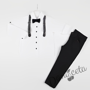Комплект от риза в бяло, панталон , тиранти с орнаменти и папионка в черно 1