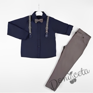 Комплект от риза и тиранти с орнаменти в тъмносиньо,  панталон и папийонка в бежово 1