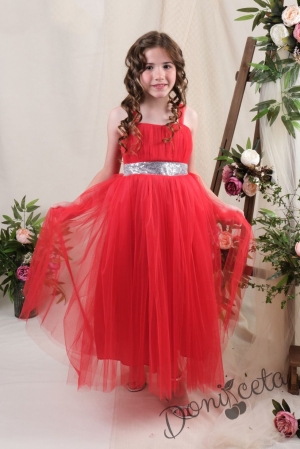 Официална детска дълга рокля без ръкав в червено Даналия с колан в сребристо и тюл