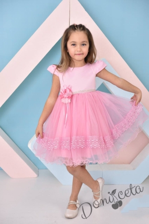 Детска официална рокля  в розово Сена с къс ръкав