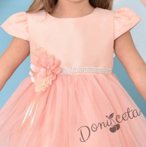 Детска официална рокля  в прасковено Сена с къс ръкав 2