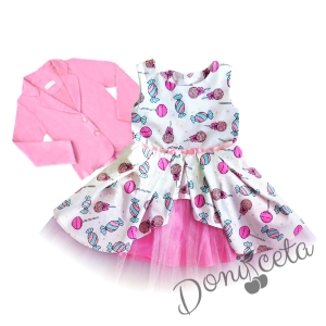 Комплект от официална детска рокля Надежда с бонбони с цветя с тюл и сако в розово