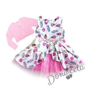Комплект от официална детска рокля Надежда с бонбони с тюл и болеро в розово