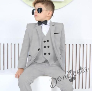 Официален детски костюм за момче от 5 части със сако в сиво  с  папийонка