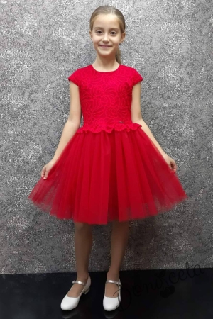 Детска официална рокля с къс ръкав с дантела в цвят малина