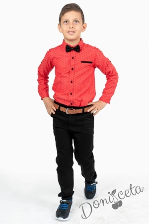 Комплект от риза в червено на точки, панталон в черно и папийонка и колан
