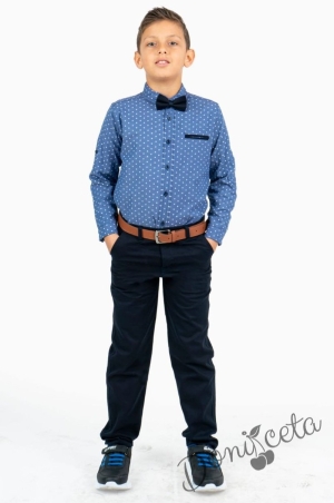 Dark blue shirt with dot ornaments, trousers, bow tie and belt