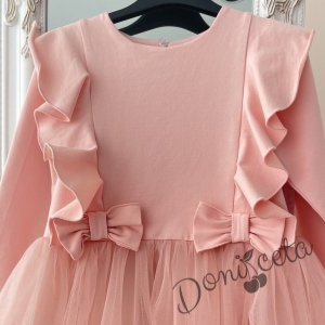Детска рокля в розово с дълъг ръкав с тюл и къдрици 3