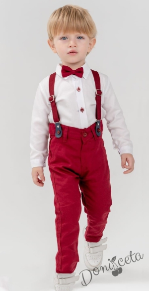 Бебешки комплект от панталон в червено, боди-риза в бяло, тиранти и папийонка 