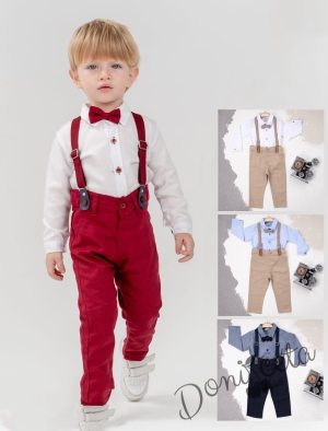 Бебешки комплект от панталон в бежово, боди-риза в светлосиньо, тиранти и папийонка  4