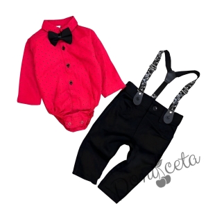 Бебешки комплект от боди-риза в червено панталон, тиранти и папийонка в черно 7683476