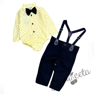 Бебешки комплект от боди-риза в жълто панталон, тиранти и папийонка в черно 7683478