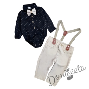 Бебешки комплект от боди-риза вчерно панталон,тиранти и папийонка в бежово 7683479