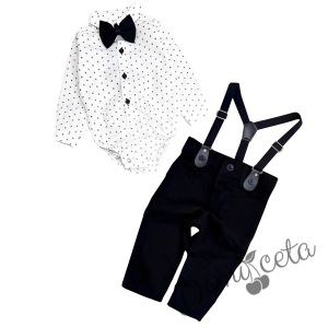 Бебешки комплект от боди-риза в бяло панталон, тиранти и папийонка в черно 76834710 