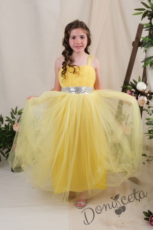 Официална детска дълга рокля Даналия без ръкав в жълто с тюл
