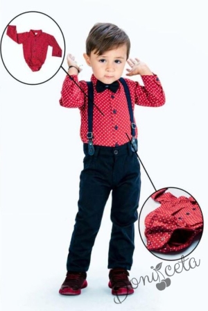 Бебешки комплект от боди-риза в червено панталон, тиранти и папийонка в черно 357951