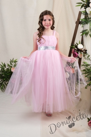 Официална детска дълга рокля Даналия без ръкав в розово с тюл 65655767