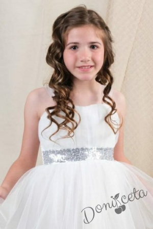 Официална детска дълга рокля без ръкав в бяло Даналия с колан в златисто и тюл 58768787 2