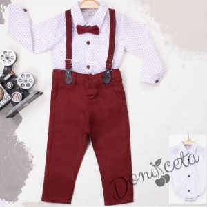 Бебешки комплект от панталон в бордо, боди-риза в бяло, тиранти и папийонка  8467956 1