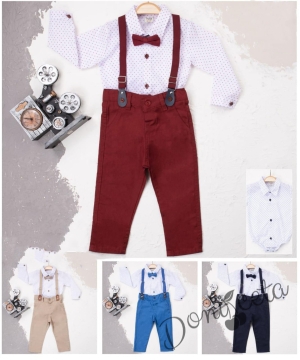 Бебешки комплект от панталон в бордо, боди-риза в бяло, тиранти и папийонка  8467956 2