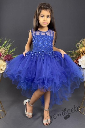 Детска рокля Карина в синьо на цветя без ръкав и тюл с шлейф 1