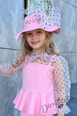 Стилен детски комплект за момиче от панталон, риза с дълъг ръкав и шапка в розово 2