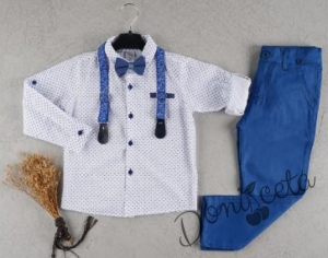 Комплект от риза в бяло.панталон, тиранти с орнаменти и папийонка в синьо 1