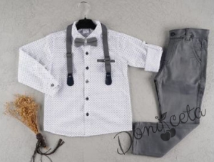 Комплект от риза в бяло.панталон, тиранти и папийонка в сиво 1