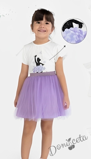 Детски комплект от тениска в бяло с балерина и пола в лилаво с тюл 1