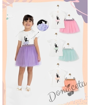 Детски комплект от тениска в бяло с балерина и пола в лилаво с тюл 2