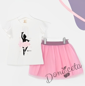 Детски комплект от тениска в бяло с балерина и пола в розово с тюл 1