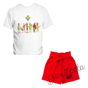 Летен комплект момиче от къси панталони в червено и забавна тениска 1