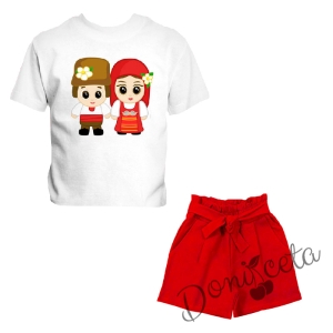 Летен комплект момиче от къси панталони в червено и тениска с наросни мотиви 1
