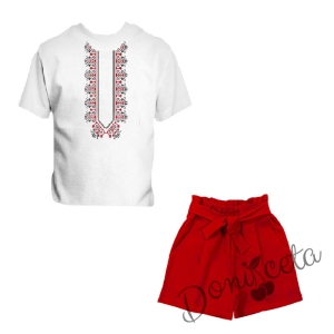 Летен комплект момиче от къси панталони в червено и тениска с фолклорни мотиви