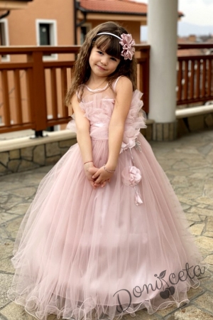 Официална детска дълга рокля Анджелина в пепел от рози с пола обръч4