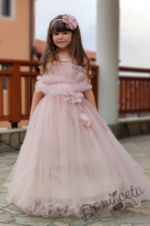Официална детска дълга рокля Анджелина в пепел от рози с пола обръч 7