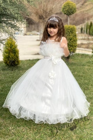 Официална детска дълга рокля Анджелина в бяло с пола с обръчи