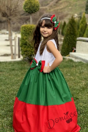 Детска дълга рокля в бяло, зелено и червено 3