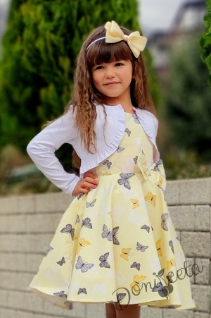 Детска рокля в жълто на пеперуди тип клош с болеро в бяло