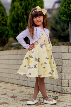 Детска рокля в жълто на пеперуди тип клош с болеро в бяло