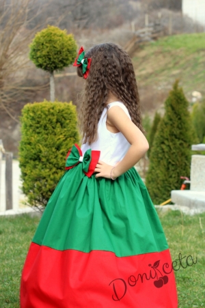 Детска дълга рокля в бяло, зелено и червено с пола с обръчи