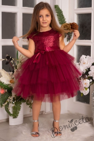 Детска официална рокля Хава в бордо от пайети и тюл на пластове 1