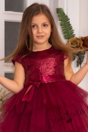 Детска официална рокля Хава в бордо от пайети и тюл на пластове 2