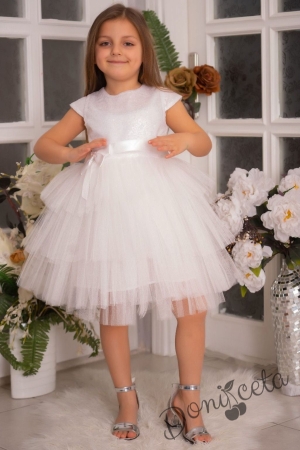 Детска официална рокля Хава в бяло от пайети и тюл на пластове 1