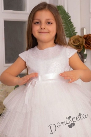 Детска официална рокля Хава в бяло от пайети и тюл на пластове 2