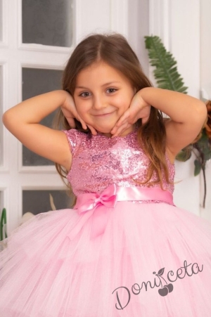 Детска официална рокля Хава в розово от пайети и тюл на пластове 2