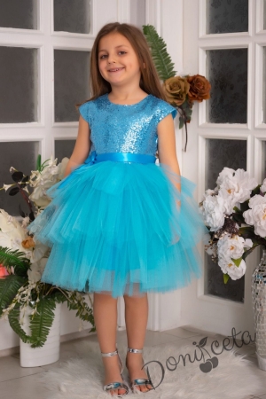 Детска официална рокля Хава в светлсиньо от пайети и тюл на пластове 1